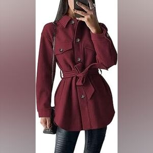 NWOT Pretty Garden Button Down Peacoat Wine Red Belted Jacket M